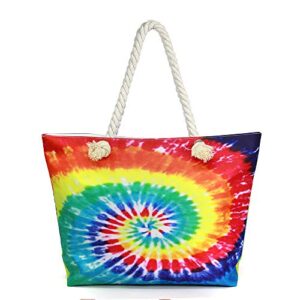 me plus women summer large beach tote bag top zipper closure braided rope handles inner pocket (tie dye – multi)