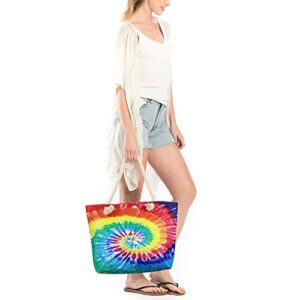 Me Plus Women Summer Large Beach Tote Bag Top Zipper Closure Braided Rope Handles Inner Pocket (TIE DYE - Multi)