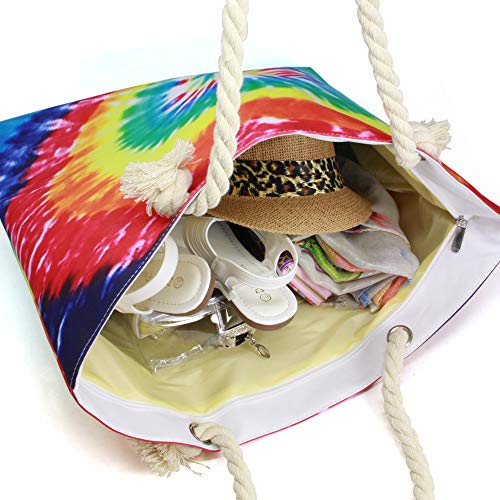 Me Plus Women Summer Large Beach Tote Bag Top Zipper Closure Braided Rope Handles Inner Pocket (TIE DYE - Multi)