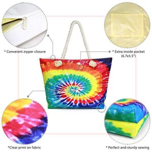 Me Plus Women Summer Large Beach Tote Bag Top Zipper Closure Braided Rope Handles Inner Pocket (TIE DYE - Multi)