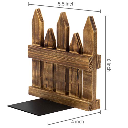 MyGift Rustic Burnt Brown Solid Wood Decorative Bookends with Picket Fence Design, Country Home Style Office Desk Book Stand Shelf Decoration, 1 Pair