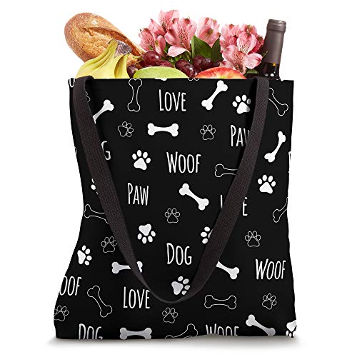 Love Dog Woof Bone and Paw Pattern in Black Background Tote Bag