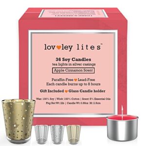 lovley lites soy tealight candles apple cinnamon – 36 premium 1 inch tall red tea candles, long burning tea lights scented with essential oils