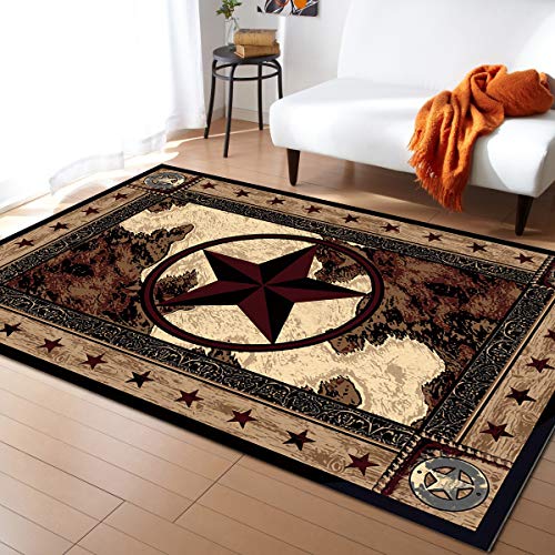 Area Rug 5'x7' Western Texas Star on Wood Panel Rustic Vintage Style Non-Skid Rubber Backing Modern Runner Rug Indoor Carpet for Bedroom/Living Room