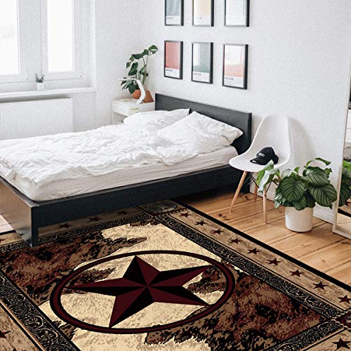 Area Rug 5'x7' Western Texas Star on Wood Panel Rustic Vintage Style Non-Skid Rubber Backing Modern Runner Rug Indoor Carpet for Bedroom/Living Room