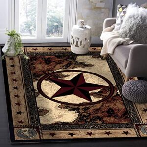 Area Rug 5'x7' Western Texas Star on Wood Panel Rustic Vintage Style Non-Skid Rubber Backing Modern Runner Rug Indoor Carpet for Bedroom/Living Room