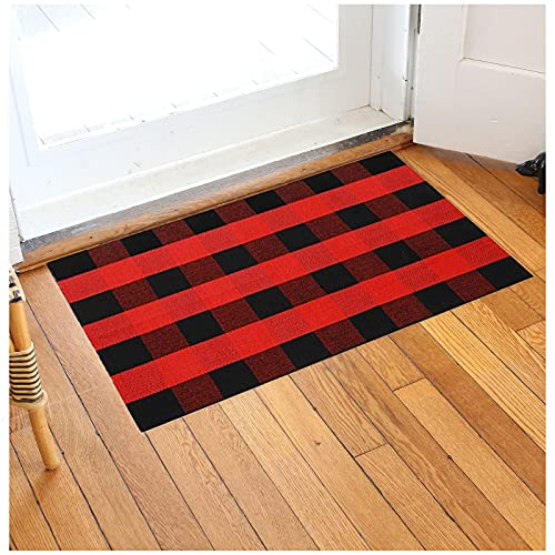 Wininplus Buffalo Plaid Check Rug 27.5 X 43 in Hand-Woven Indoor Or Outdoor Washable Checkered Rugs for Layered Door Mats for Front Porch/Entryway/Farmhouse, Red and Black Plaid Doormat