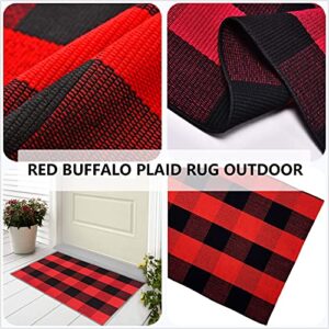 Wininplus Buffalo Plaid Check Rug 27.5 X 43 in Hand-Woven Indoor Or Outdoor Washable Checkered Rugs for Layered Door Mats for Front Porch/Entryway/Farmhouse, Red and Black Plaid Doormat