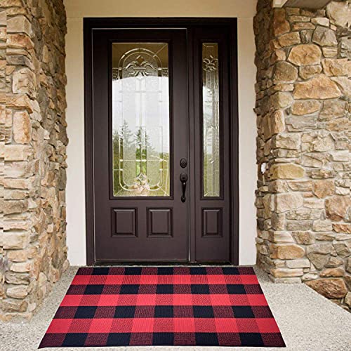 Wininplus Buffalo Plaid Check Rug 27.5 X 43 in Hand-Woven Indoor Or Outdoor Washable Checkered Rugs for Layered Door Mats for Front Porch/Entryway/Farmhouse, Red and Black Plaid Doormat