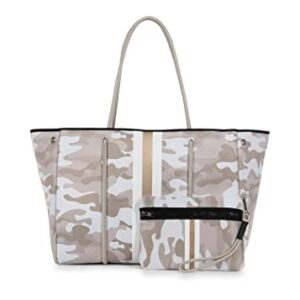 Haute Shore - Greyson Sahara Neoprene Tote Bag wZipper Wristlet Inside, Beige Camo WWhite & Rosegold Stripe