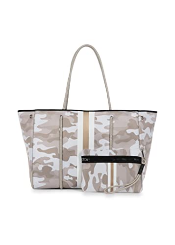 Haute Shore - Greyson Sahara Neoprene Tote Bag wZipper Wristlet Inside, Beige Camo WWhite & Rosegold Stripe