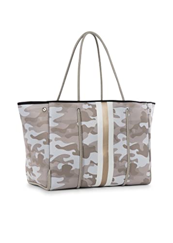 Haute Shore - Greyson Sahara Neoprene Tote Bag wZipper Wristlet Inside, Beige Camo WWhite & Rosegold Stripe