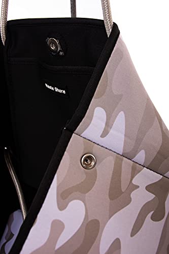 Haute Shore - Greyson Sahara Neoprene Tote Bag wZipper Wristlet Inside, Beige Camo WWhite & Rosegold Stripe