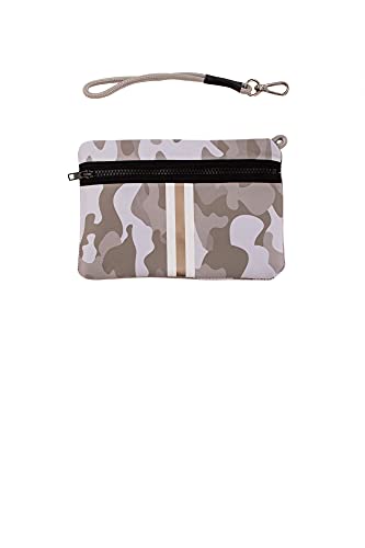 Haute Shore - Greyson Sahara Neoprene Tote Bag wZipper Wristlet Inside, Beige Camo WWhite & Rosegold Stripe