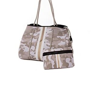 Haute Shore - Greyson Sahara Neoprene Tote Bag wZipper Wristlet Inside, Beige Camo WWhite & Rosegold Stripe