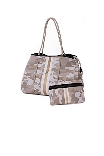 Haute Shore - Greyson Sahara Neoprene Tote Bag wZipper Wristlet Inside, Beige Camo WWhite & Rosegold Stripe