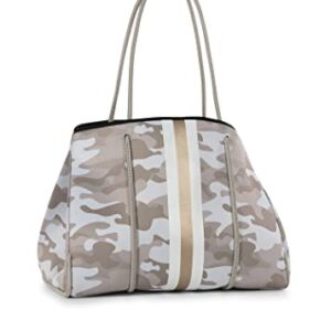 Haute Shore - Greyson Sahara Neoprene Tote Bag wZipper Wristlet Inside, Beige Camo WWhite & Rosegold Stripe