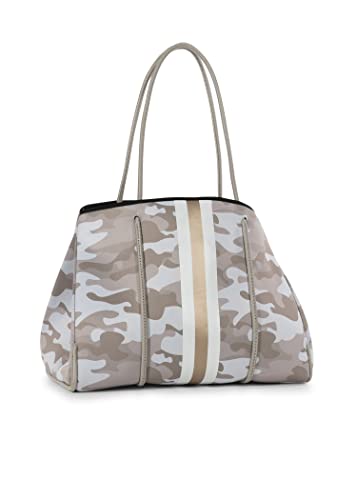 Haute Shore - Greyson Sahara Neoprene Tote Bag wZipper Wristlet Inside, Beige Camo WWhite & Rosegold Stripe