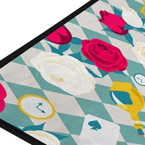 Kuizee Kitchen Rug Kitchen Mat Roses Card Key Clock Alice in Wonderland Blue Bathroom Rug Hallway Entry Rugs Non Slip Soft Water Absorbent 39×20 Inch