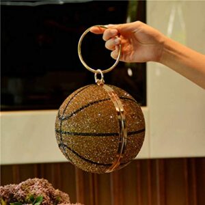 CHBC Rhinestone Basketball Evening Bag Round Wedding Wristlets Handbag Bridal Clutch Purse with Detachable Chain (Brown)