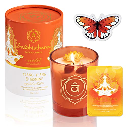 SUZIEJO Aromatherapy Candle Sacral Chakra Ylang Ylang Jasmine Essential Oil Scented Candles Red Agate Crystals & Healing Stones Spiritual Gifts for Women Soy Candle Stress Relief Candle Set