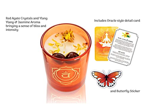 SUZIEJO Aromatherapy Candle Sacral Chakra Ylang Ylang Jasmine Essential Oil Scented Candles Red Agate Crystals & Healing Stones Spiritual Gifts for Women Soy Candle Stress Relief Candle Set