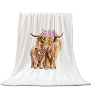 Lovely Highland Cow with Baby Sherpa Fleece Throw Blanket Reversible Fuzzy Warm Cozy Throws for Mother's Day, Animal and Flowers Super Soft Plush Bed TV Blankets for Couch/Living Room Sofa/Bed/Travel