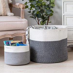 goodpick cute grey cotton rope basket and large woven blanket storage basket(set of 2)