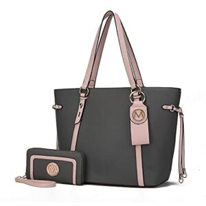 mkf collection tote bag for women wristlet wallet purse & detachable key-ring set, top-handle satchel shoulder handbag charcoal