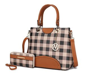 mia k collection shoulder bag for women & wristlet wallet purse set: pu leather crossbody tote top-handle handbag gaby checker cognac brown