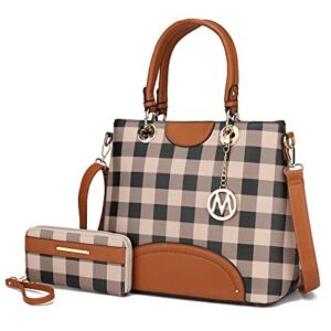 Mia K Collection Shoulder Bag for Women & Wristlet Wallet Purse Set: PU Leather Crossbody Tote Top-Handle Handbag Gaby Checker Cognac Brown