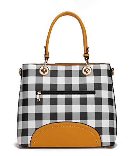 Mia K Collection Shoulder Bag for Women & Wristlet Wallet Purse Set: PU Leather Crossbody Tote Top-Handle Handbag Gaby Checker Cognac Brown