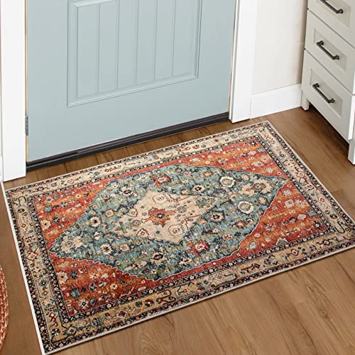 Lahome Boho Tribal Area Rug - 2x3 Persian Distressed Small Entryway Rug Doormat Bohemian Faux Wool Non-Slip Washable Low-Pile Floor Carpet for Indoor Front Entrance Kitchen Bathroom