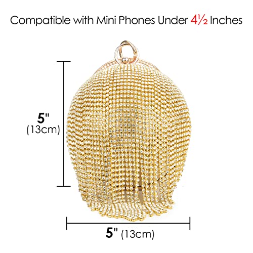 Small Round Ball Evening Clutch Purse, Rhinestone Lady Party Wedding Crossbody Shoulder Bag, Women Ring Handle Handbag (Gold)