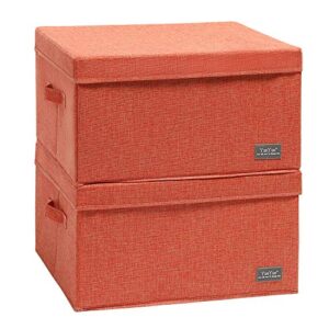YueYue Foldable Storage Large Clothes Box Fabric，Box Fabric Bin Cube Basket With Lid，Collapsible Boxes Fabric Storage Bins Organizer Cubes Containers With Covers (17.7"/13.8"/9.8") (Orange) 2 Pack