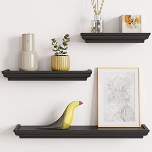 Ballucci Set of 3 Crown Molding Style Floating Wall Shelves, Wooden Ledges for Living Room, Bedroom, Bathroom, Kitchen, Office; 24, 16, 12" - Black