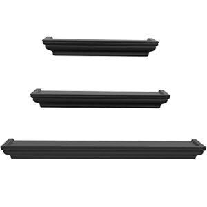 Ballucci Set of 3 Crown Molding Style Floating Wall Shelves, Wooden Ledges for Living Room, Bedroom, Bathroom, Kitchen, Office; 24, 16, 12" - Black