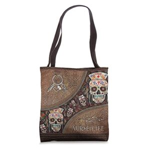 sugar skull nurse life flower skull zipper-leather-bag lover tote bag