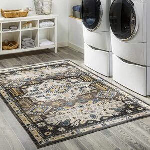 hauteloom cabacungan traditional persian medallion living room bedroom area rug – machine washable distressed carpet – bohemian oriental – easy to clean – black, grey, beige – 5’3″ x 7′