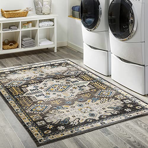 Hauteloom Cabacungan Traditional Persian Medallion Living Room Bedroom Area Rug - Machine Washable Distressed Carpet - Bohemian Oriental - Easy to Clean - Black, Grey, Beige - 5'3" x 7'