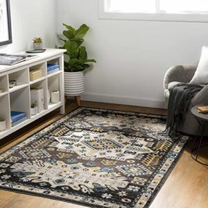 Hauteloom Cabacungan Traditional Persian Medallion Living Room Bedroom Area Rug - Machine Washable Distressed Carpet - Bohemian Oriental - Easy to Clean - Black, Grey, Beige - 5'3" x 7'