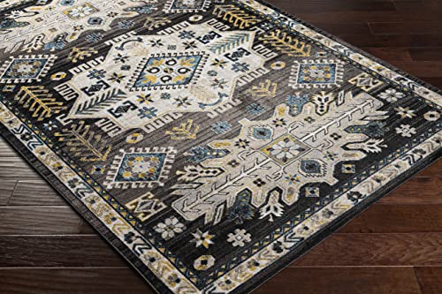 Hauteloom Cabacungan Traditional Persian Medallion Living Room Bedroom Area Rug - Machine Washable Distressed Carpet - Bohemian Oriental - Easy to Clean - Black, Grey, Beige - 5'3" x 7'