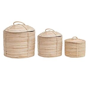 Creative Co-Op Hand-Woven Grass & Date Leaf Lids, Set of 3 Basket, Natural, 3