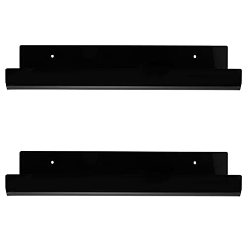 Clear Acrylic Floating Wall Shelves, Two Pack, 15 Inch Wall Bookshelf for Kids, 5 mm Acrylic Shelves for Kitchen, Shower, Nursery. Spice Rack, Display Organizer, Bathroom Storage Shelves (Black)