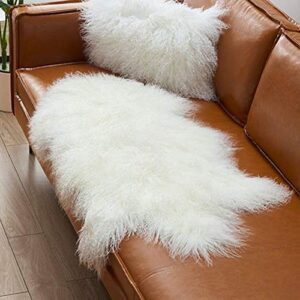 genuine tibetan fur rug/ivory white 100% real mongolian sheepskin hide pelt throw rug plate lamb wool carpet curly, 39.5″-41.5″ long