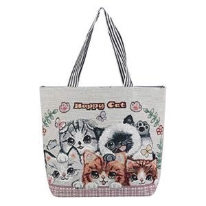 cat canvas tote bag for women and girls ecofriendly shoulder bag,zipper shopping bags with interior pocket,school bags