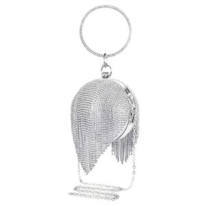 women evening purses, small round ball crystal tassel clutch bag, rhinestone lady party wedding crossbody shoulder ring handle handbag (silver)