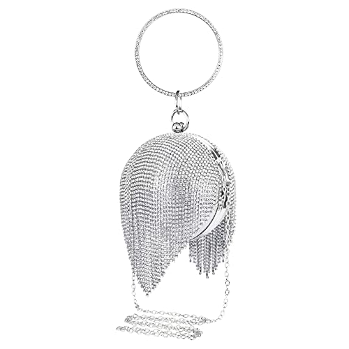 Women Evening Purses, Small Round Ball Crystal Tassel Clutch Bag, Rhinestone Lady Party Wedding Crossbody Shoulder Ring Handle Handbag (Silver)