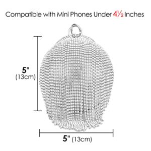 Women Evening Purses, Small Round Ball Crystal Tassel Clutch Bag, Rhinestone Lady Party Wedding Crossbody Shoulder Ring Handle Handbag (Silver)