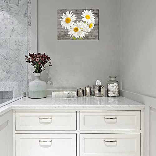 TAOMI White Daisy Flowers Picture Bedroom Bathroom Wall Art Yellow Daisy Flower Wood Grain Canvas Print 12x16 Rustic Farmhouse Floral Artwork for Living Room Office Home Decor Ready to Hang